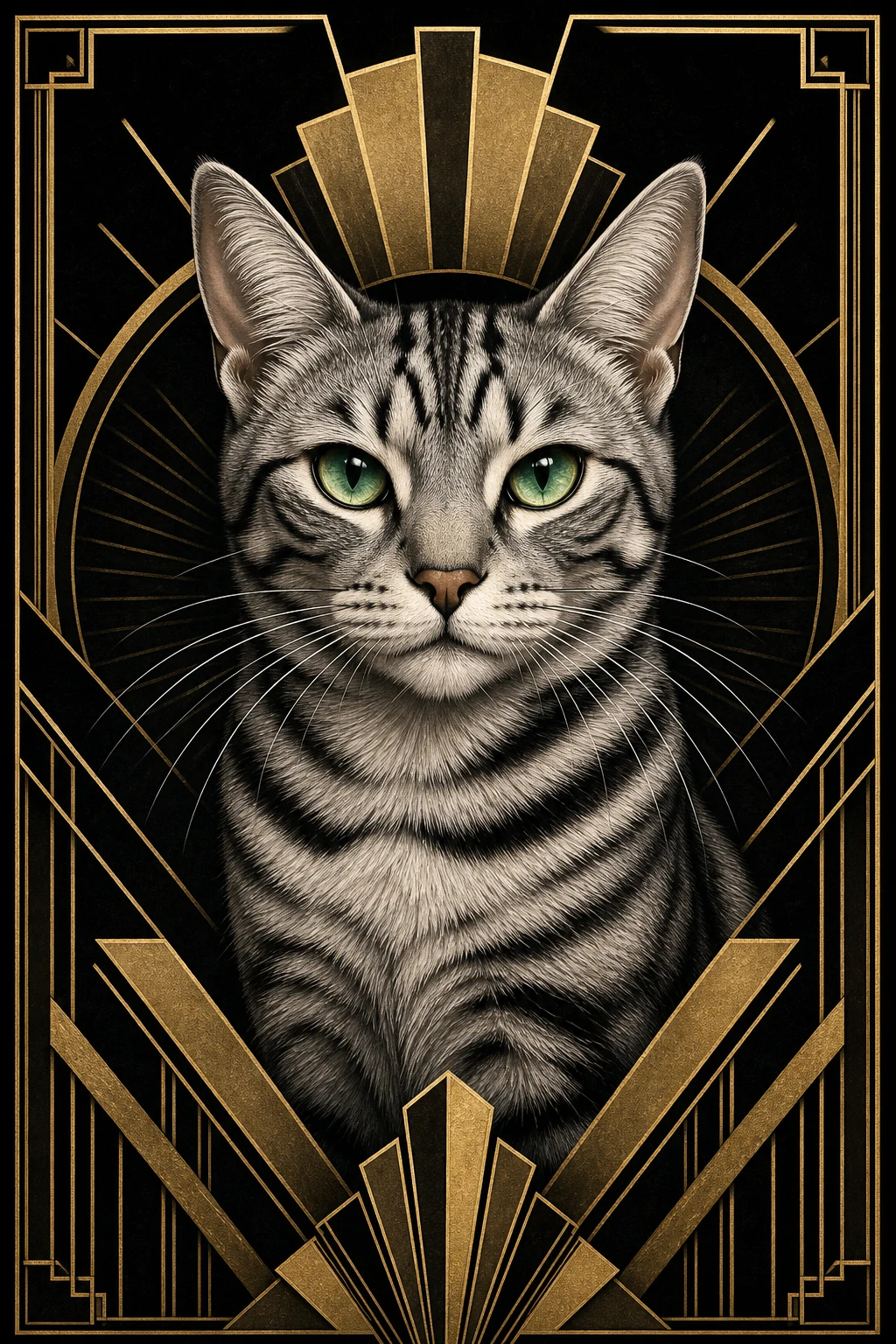 Juno the silver mackerel tabby cat — Art Deco Black Gold pet portrait