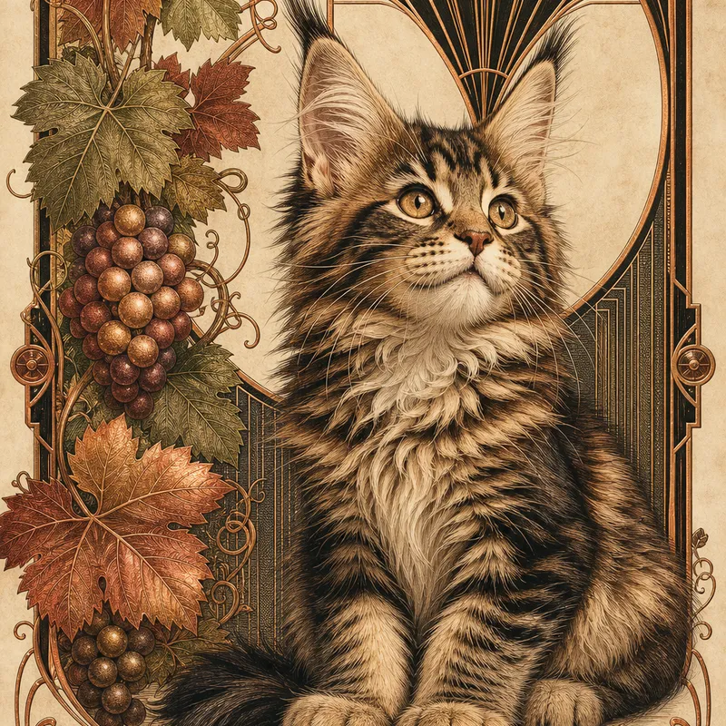 Maine Coon portrait — art deco black gold