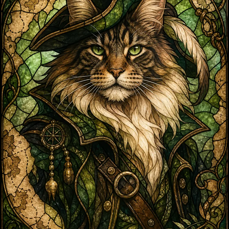 Maine Coon portrait — art nouveau stained glass