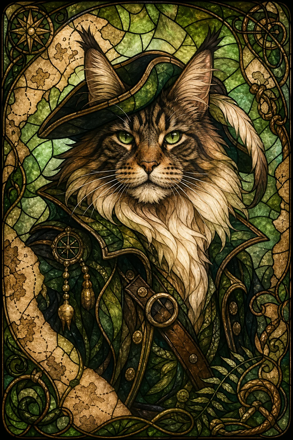 Mariner the Maine Coon — Art Nouveau Stained Glass pet portrait