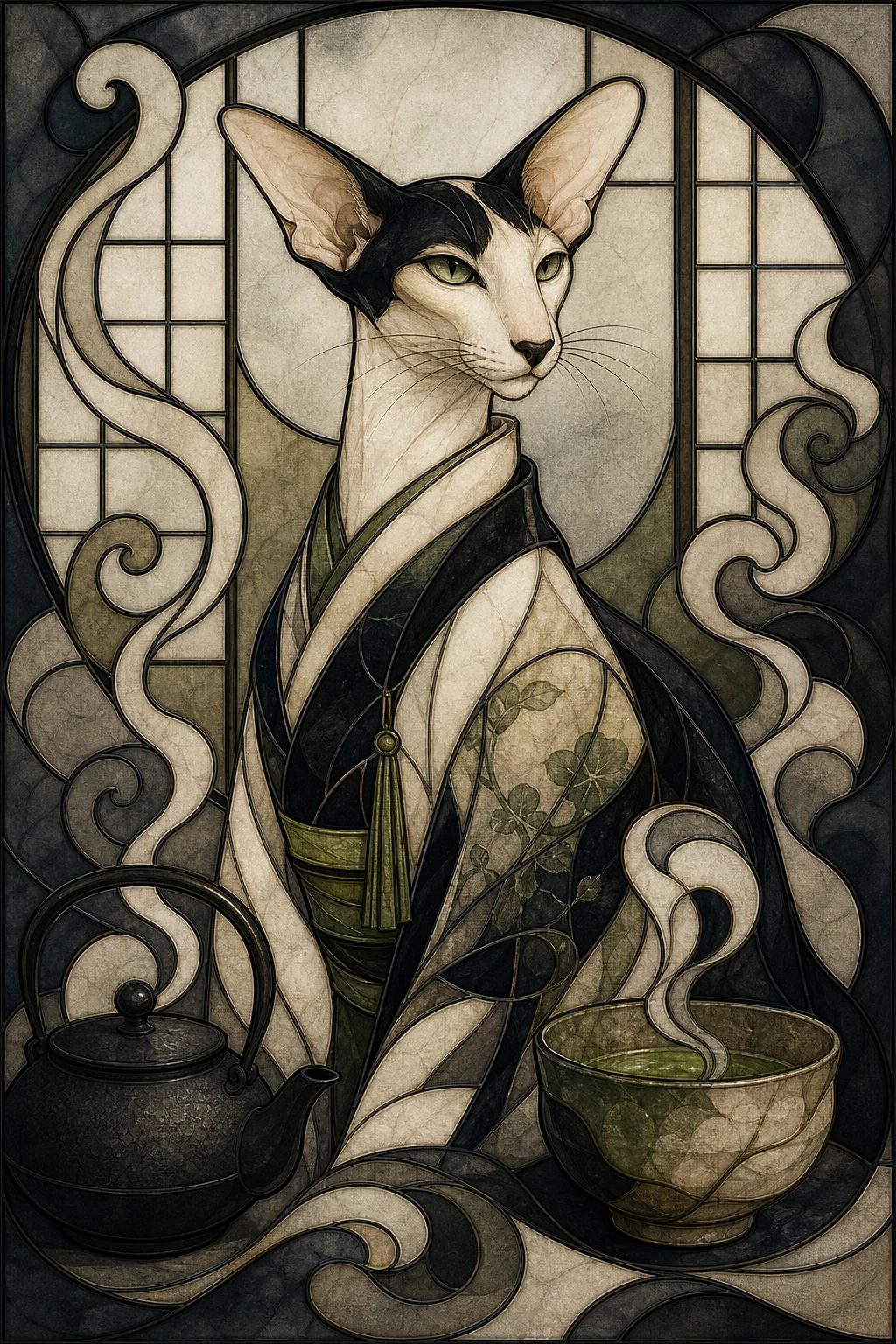 Nori the Oriental Shorthair — Art Nouveau Stained Glass pet portrait