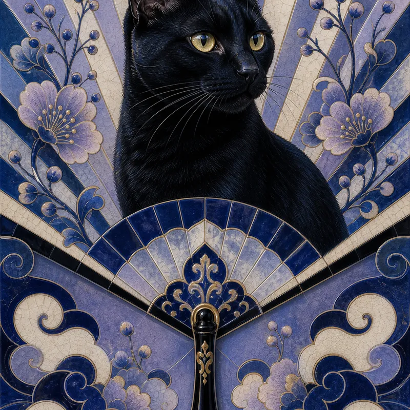 Black Cat portrait — ceramic tile folk art