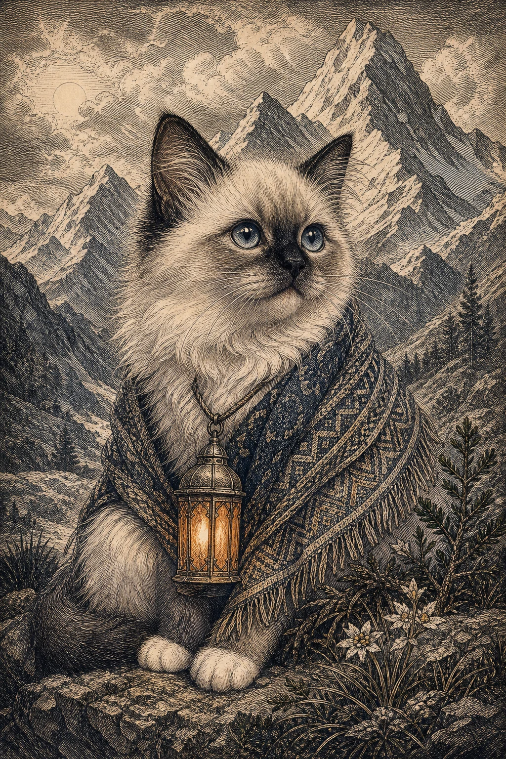 Lumi the Birman — Etching Engraving Naturalist pet portrait