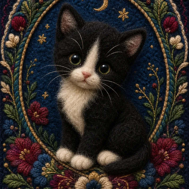 Tuxedo Cat portrait — felted wool plush