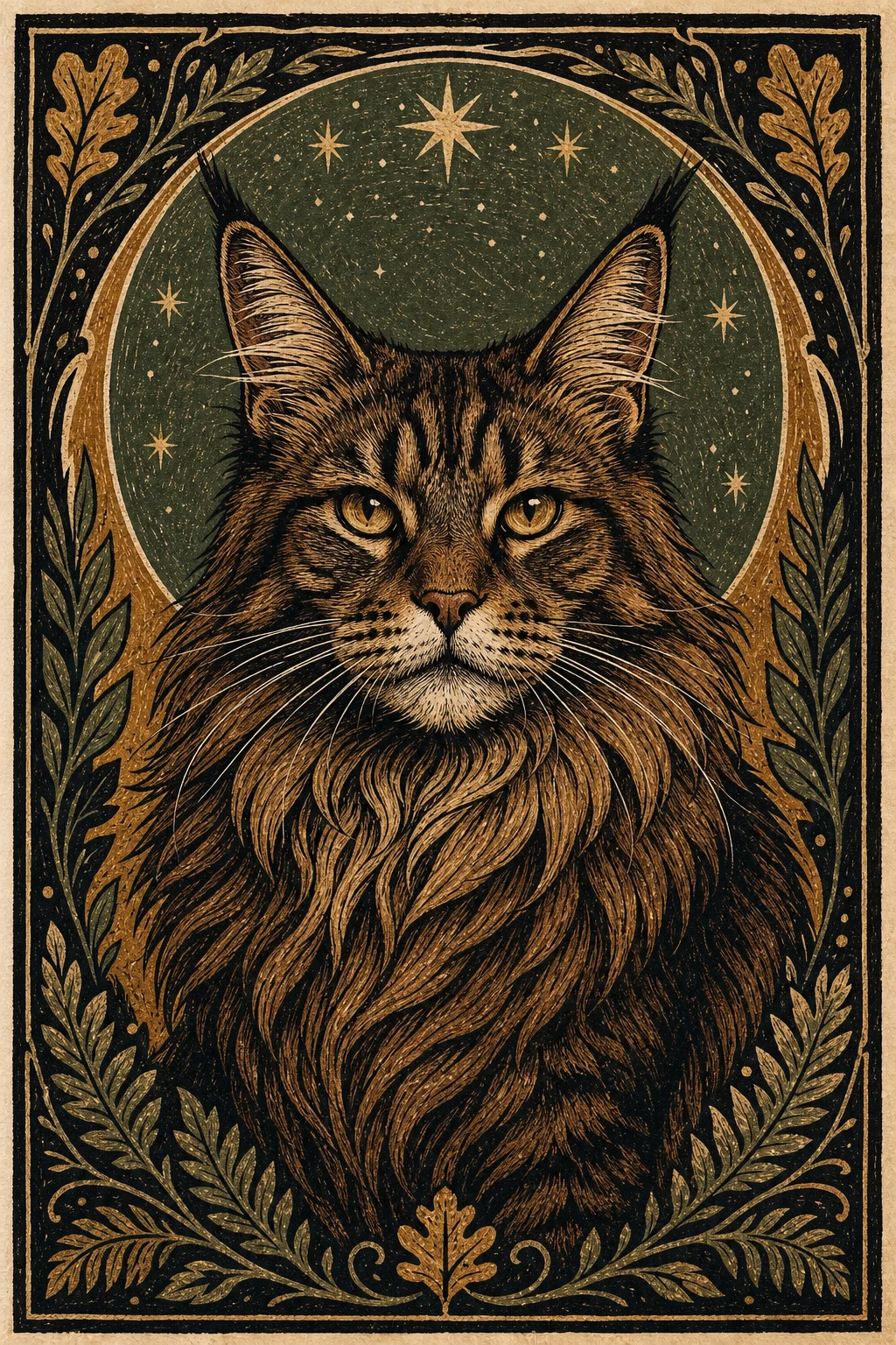 Rowan the Maine Coon cat — Folk Linocut pet portrait
