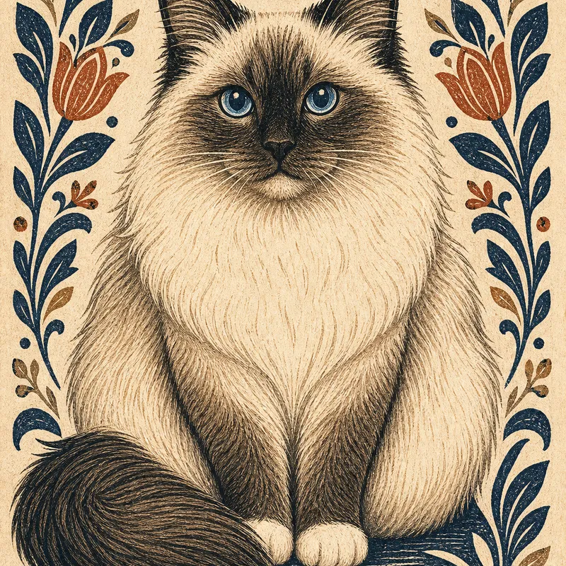 Ragdoll portrait — folk linocut