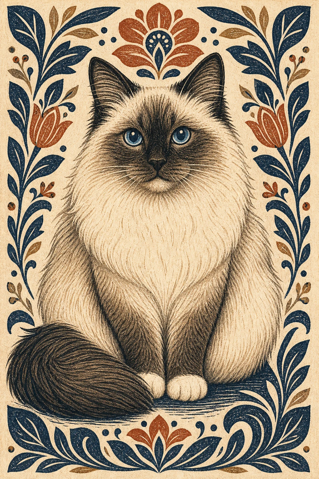 Juniper the Ragdoll — Folk Linocut pet portrait