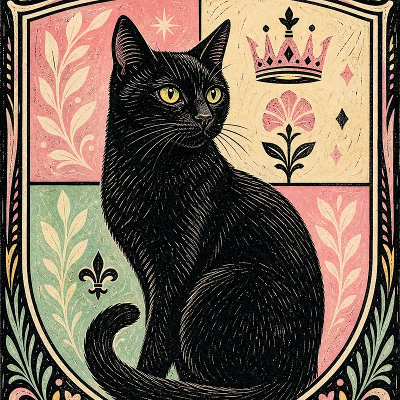 Black Cat portrait — folk linocut