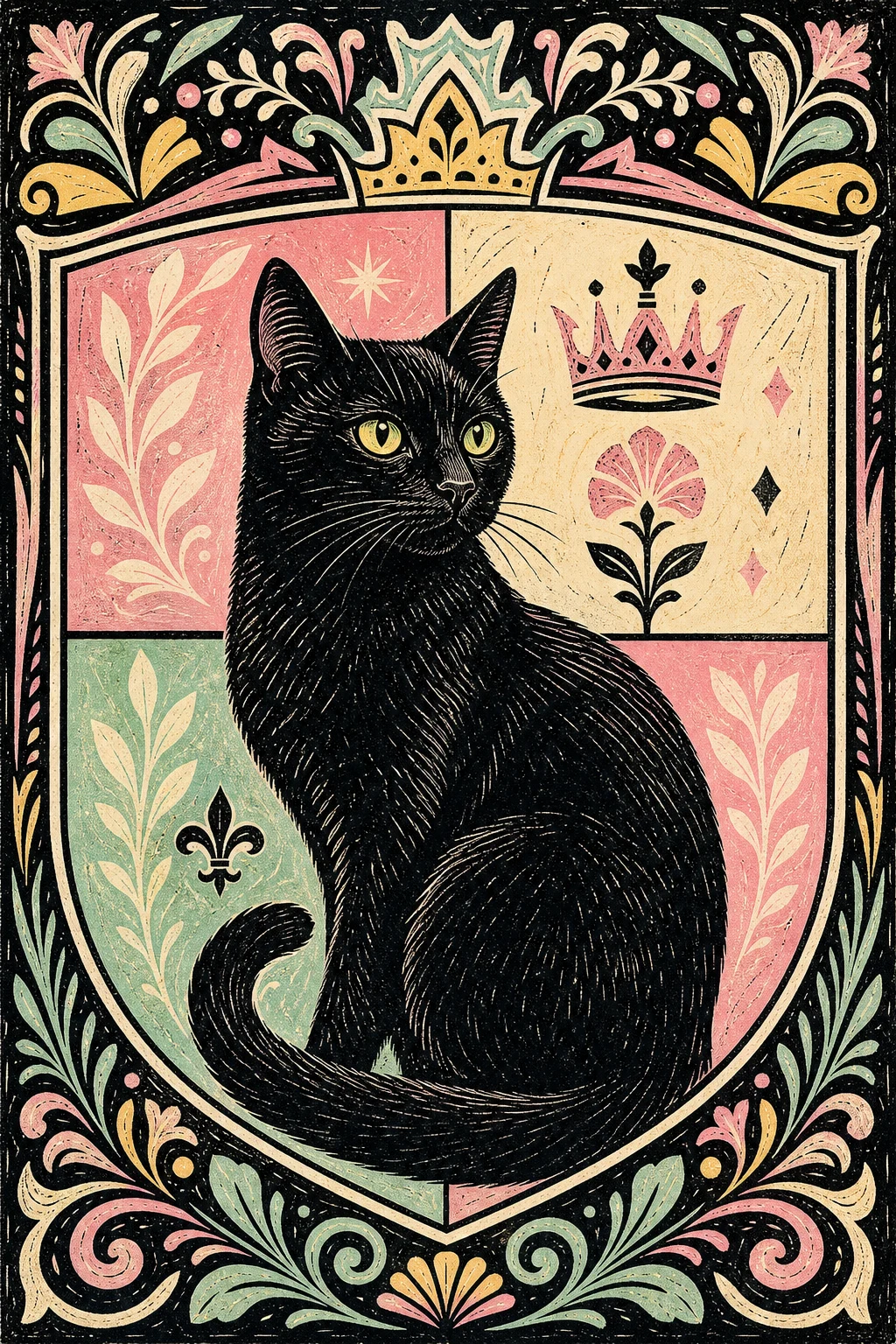 Nyx the Black Cat — Folk Linocut pet portrait