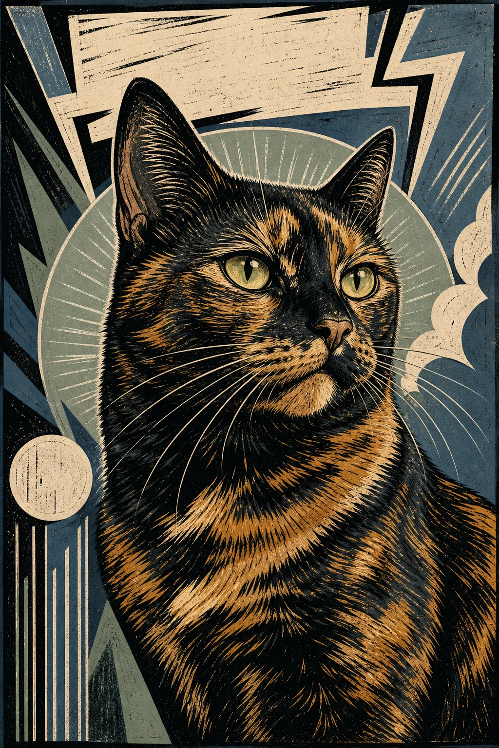 Marnie the Tortoiseshell Cat — Lino Block Print Modern pet portrait