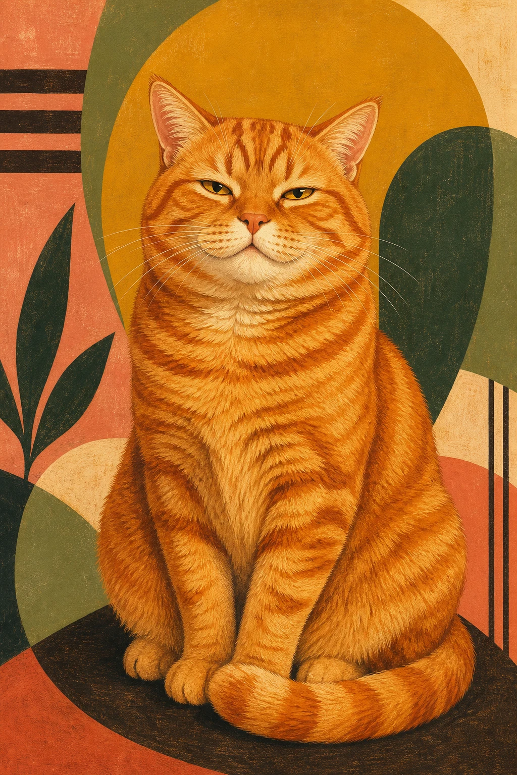 Basil the orange tabby cat — Mid Century Gouache pet portrait