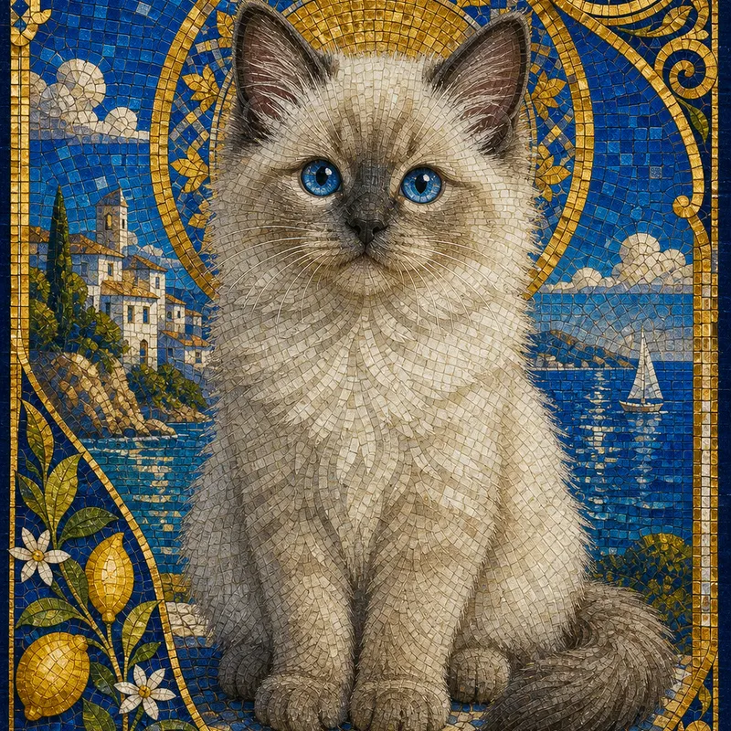 Ragdoll portrait — mosaic byzantine gold