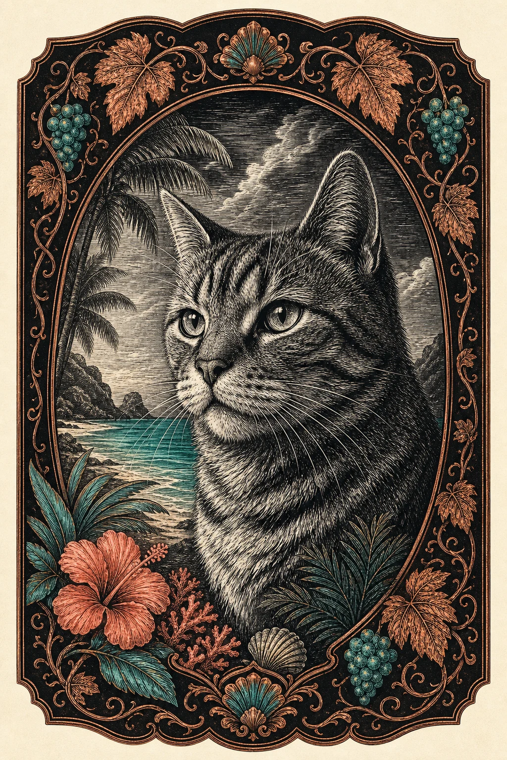 Mabel the Tabby — Scratchboard Noir pet portrait