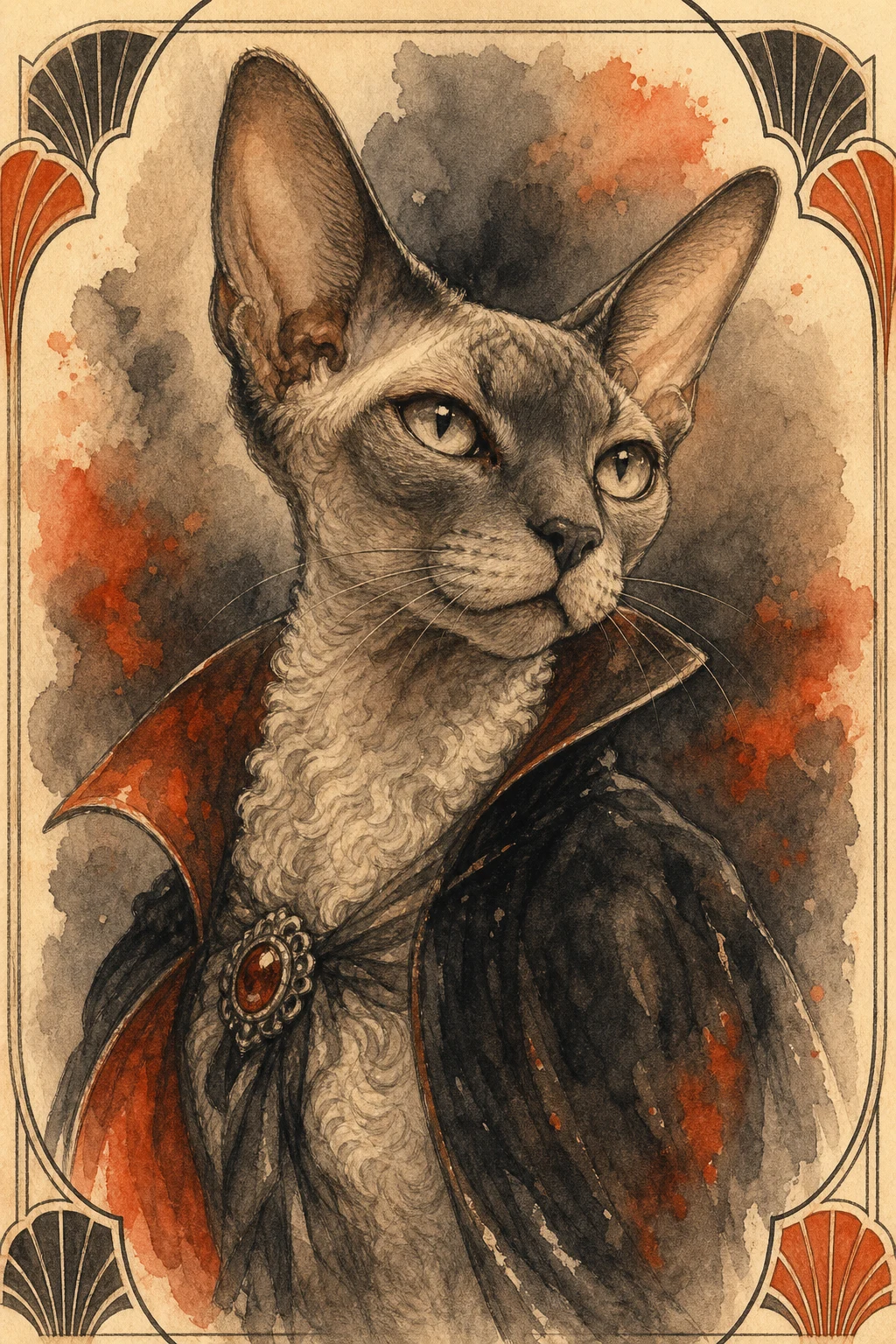 Marlow the Devon Rex — Storybook Watercolour pet portrait
