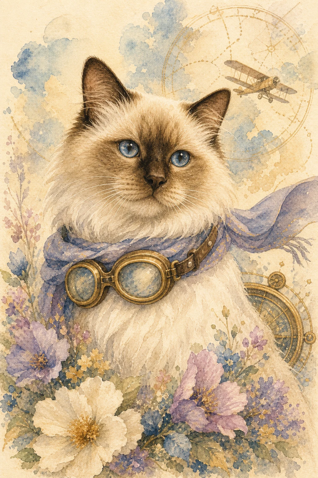 Lark the Birman — Watercolour Floral pet portrait