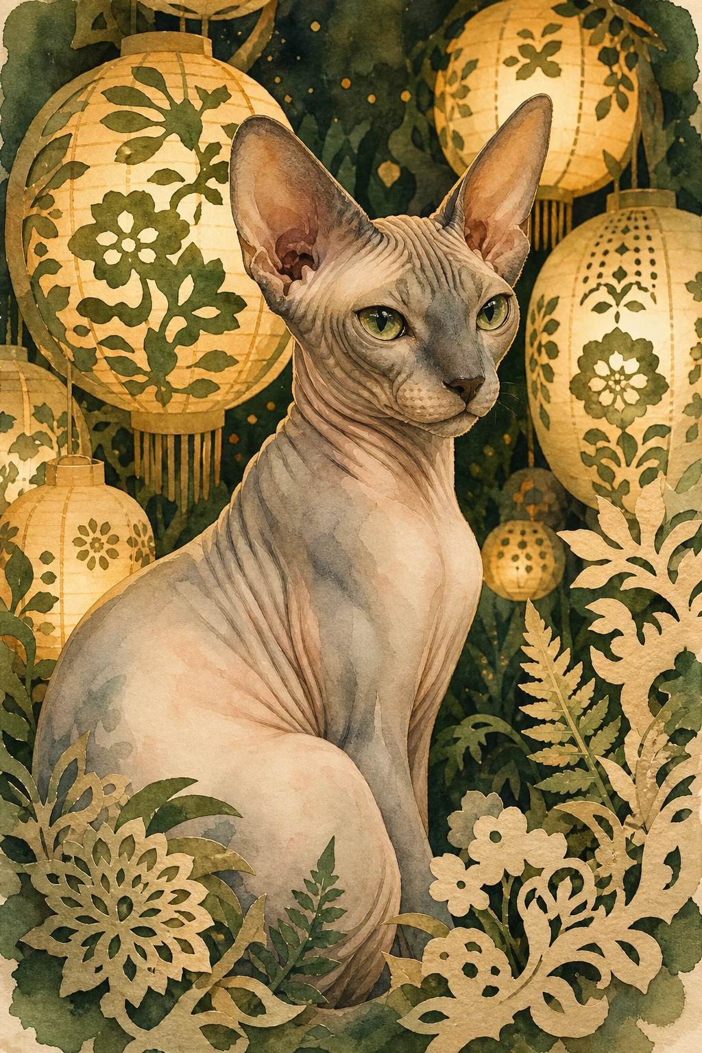 Fig the Sphynx — Watercolour Floral pet portrait
