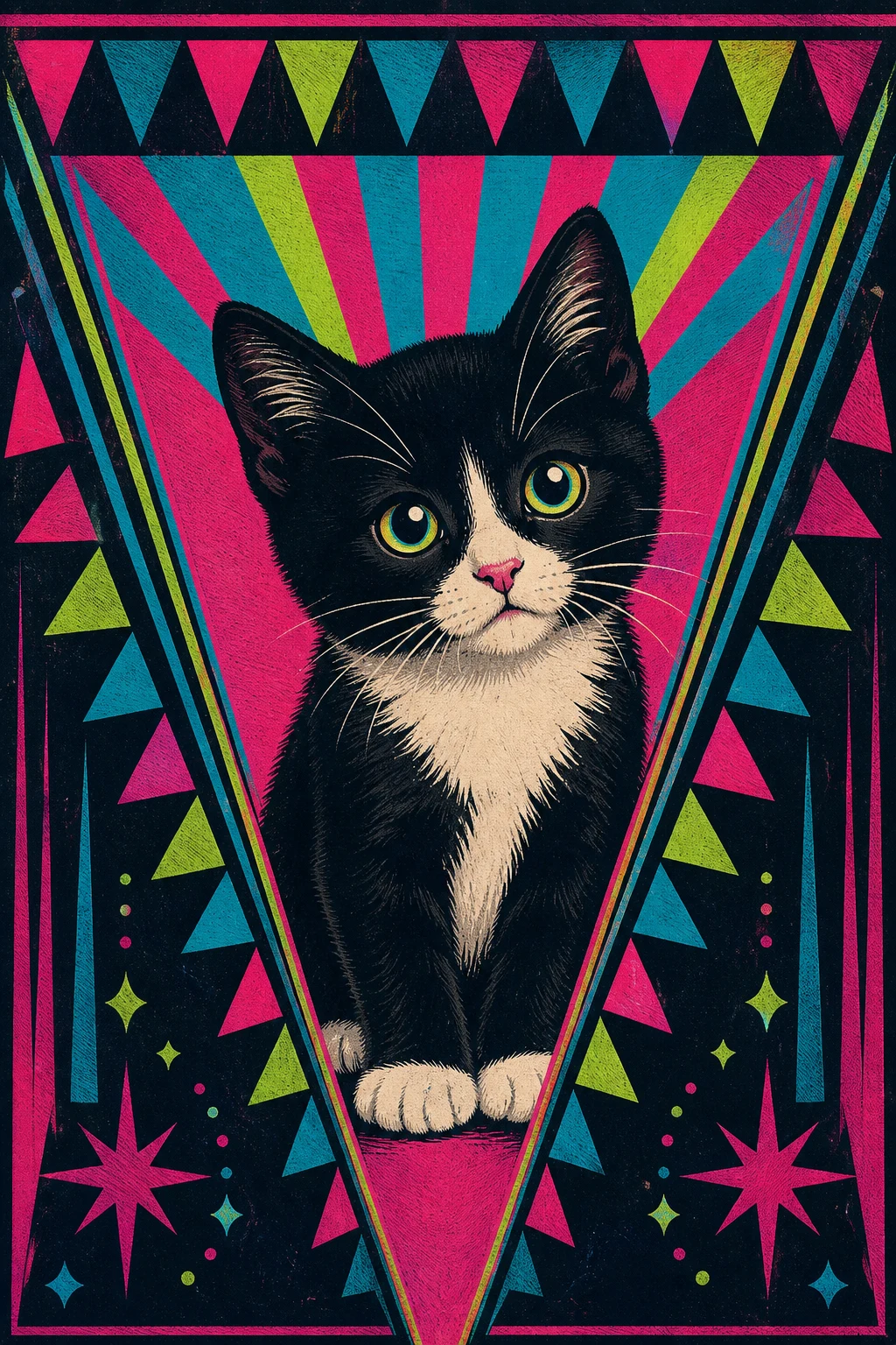 Pip the tuxedo cat — Woodblock Flat Print pet portrait