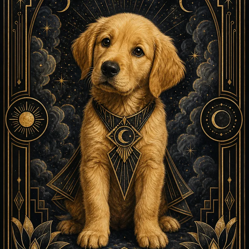 Golden Retriever portrait — art deco black gold