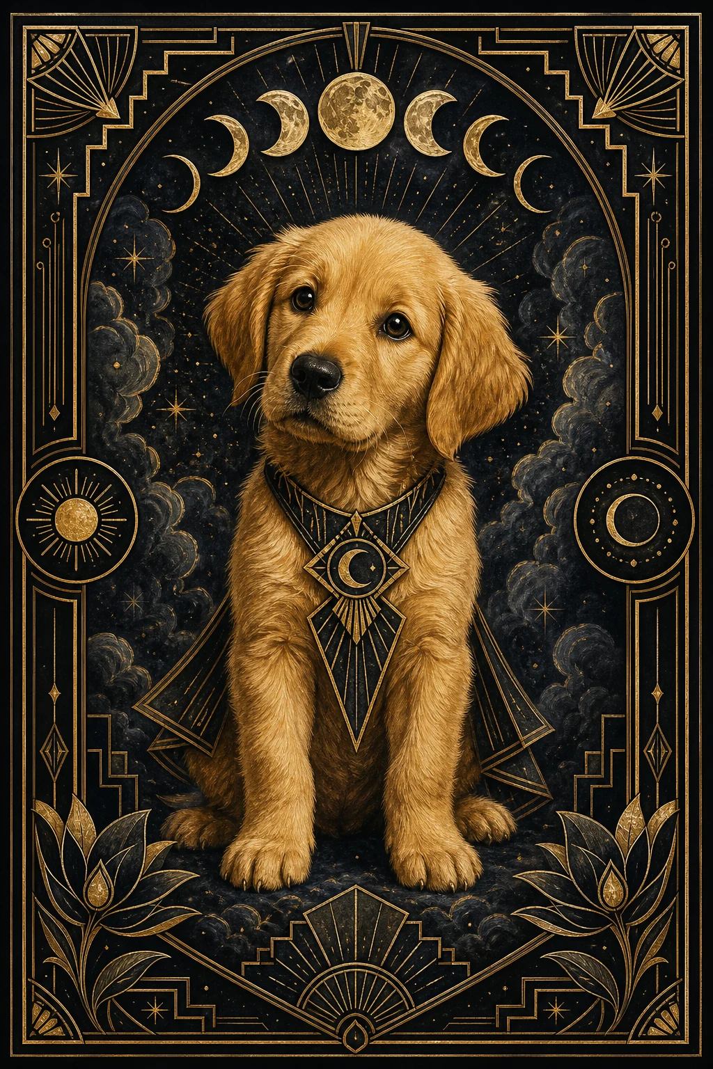Sunny the Golden Retriever — Art Deco Black Gold pet portrait