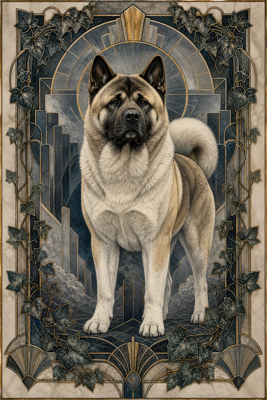 Kuma the Akita — Art Deco Black Gold pet portrait