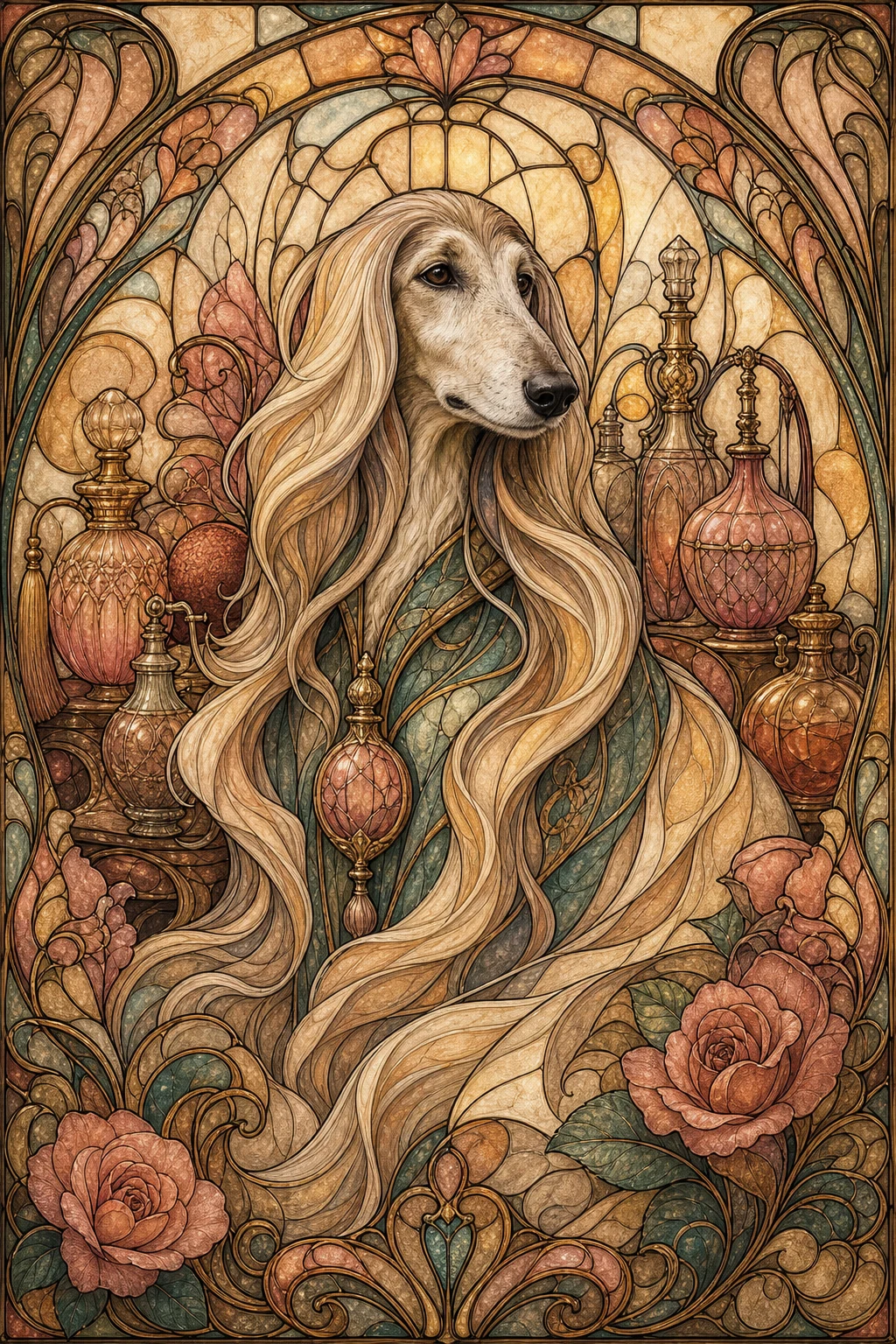 Saffron the Afghan Hound — Art Nouveau Stained Glass pet portrait