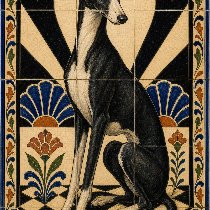 Greyhound portrait — ceramic tile folk art
