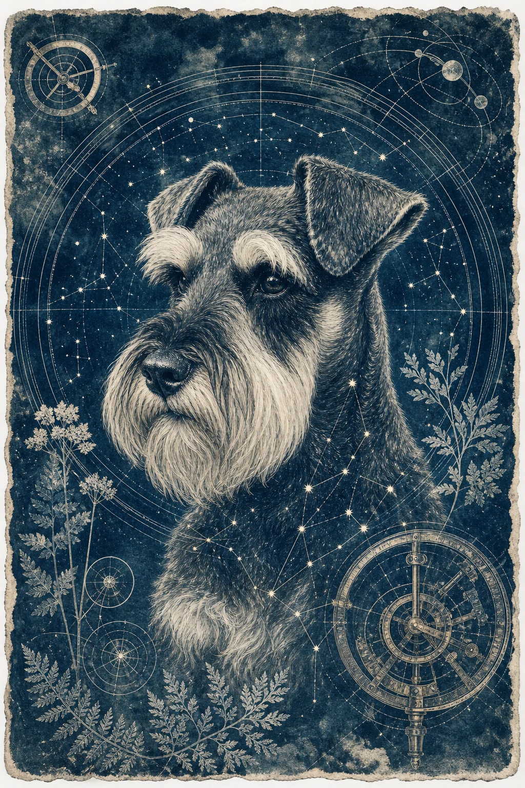 Otto the Miniature Schnauzer — Cyanotype Botanical pet portrait