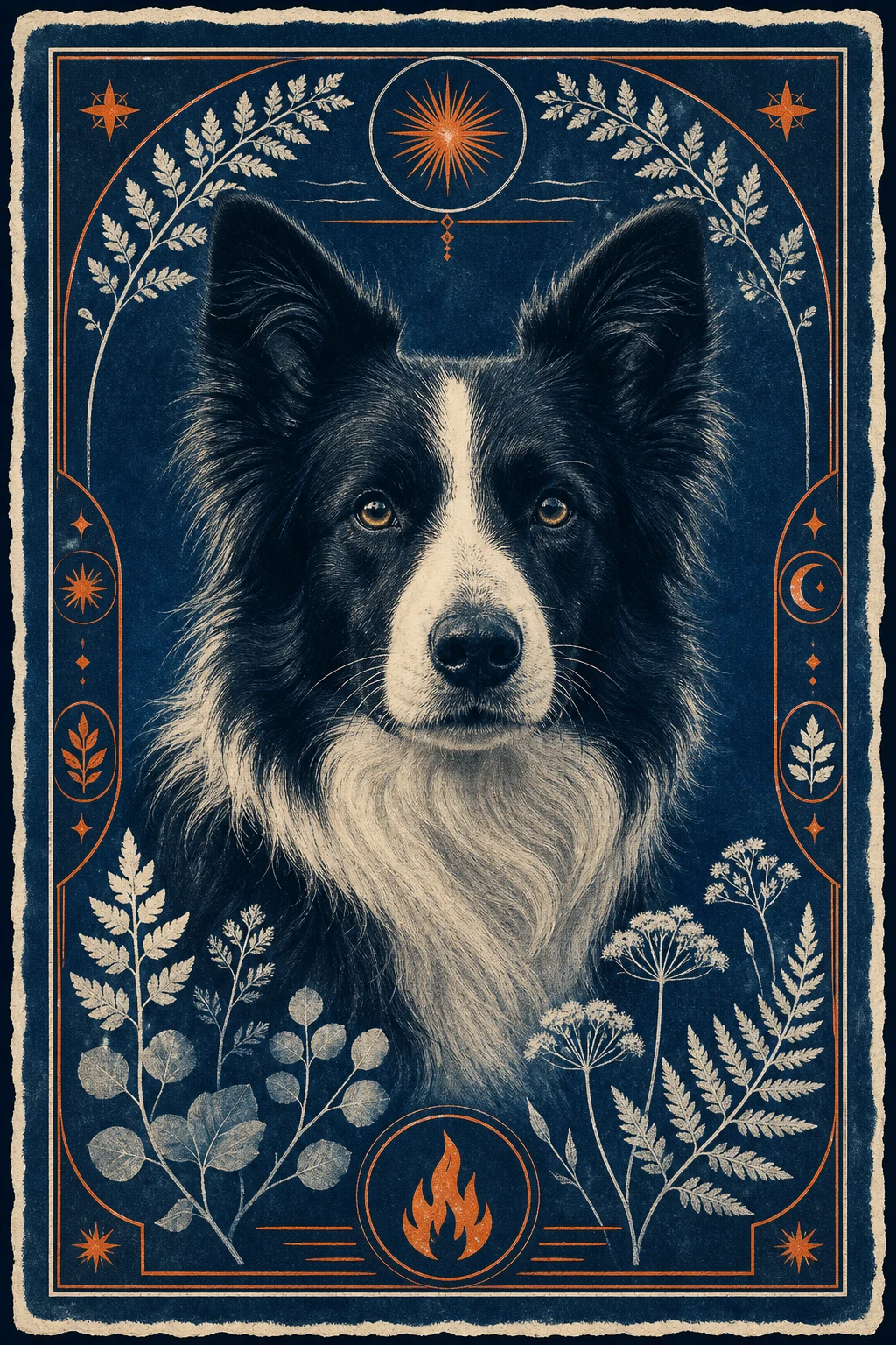 Moss the border collie — Cyanotype Botanical pet portrait