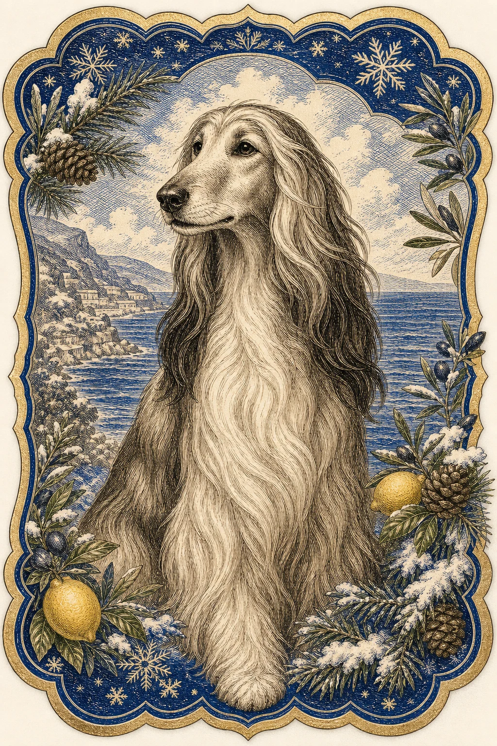 Sable the Afghan Hound — Etching Engraving Naturalist pet portrait