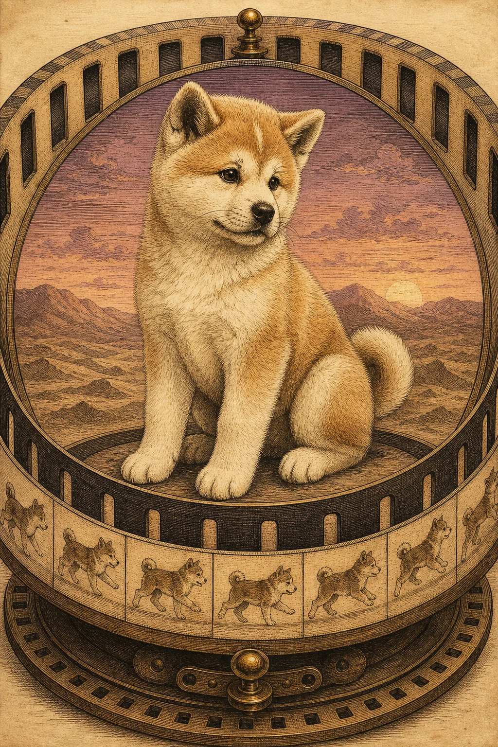 Kiko the Akita — Etching Engraving Naturalist pet portrait