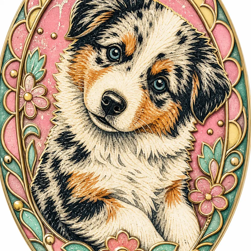 Australian Shepherd portrait — folk linocut