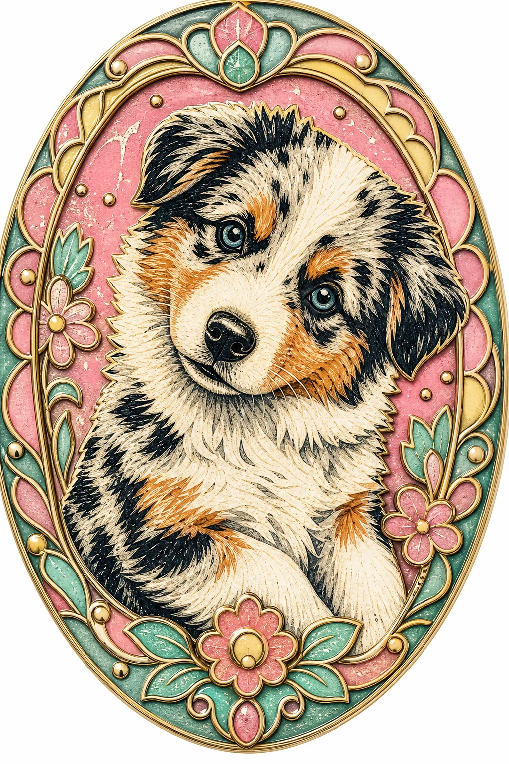 Pippin the Australian Shepherd — Folk Linocut pet portrait