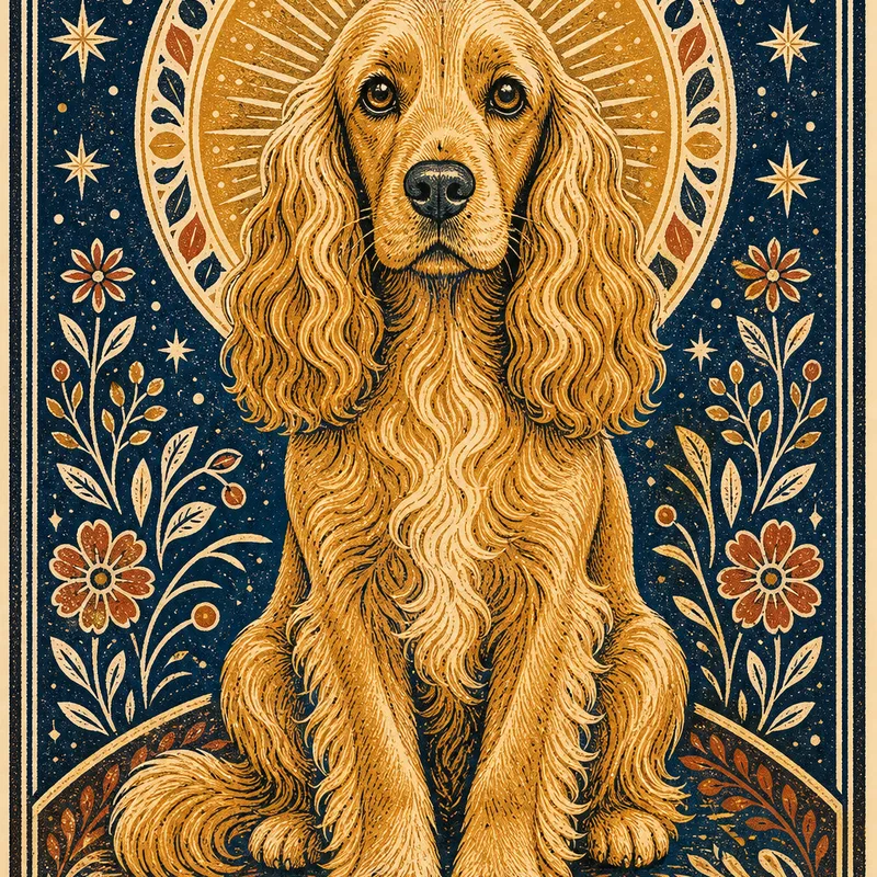 Cocker Spaniel portrait — folk linocut