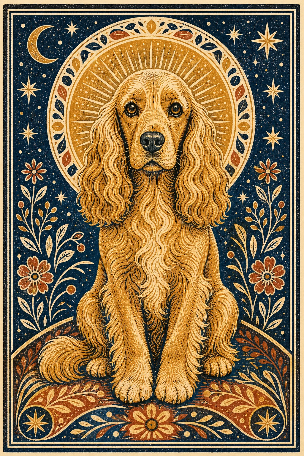 Solly the Cocker Spaniel — Folk Linocut pet portrait