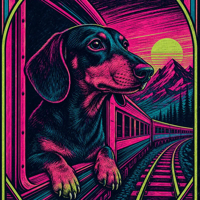 Dachshund portrait — folk linocut