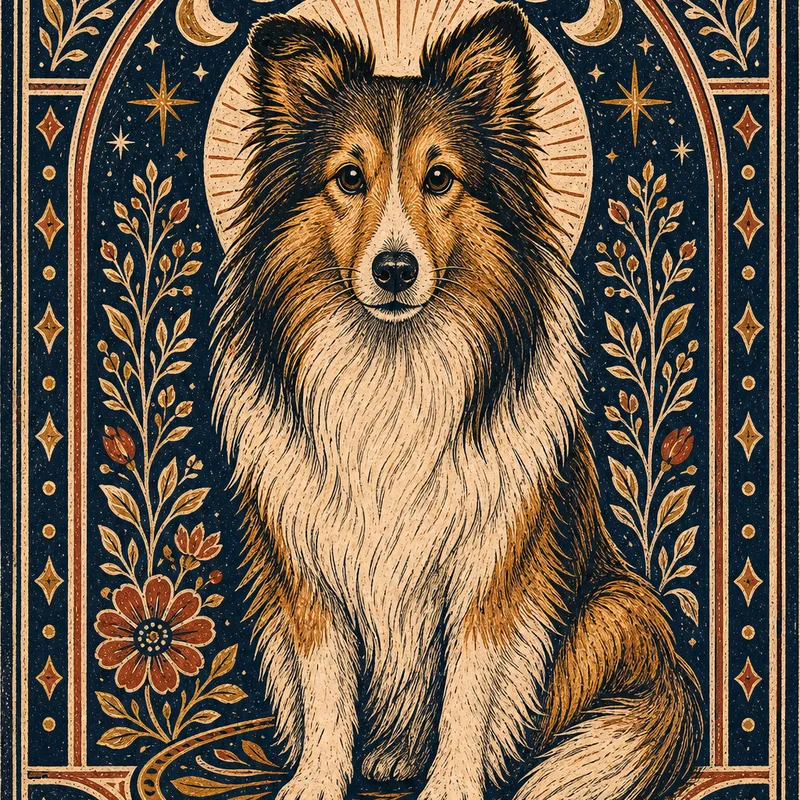 Sheltie portrait — folk linocut