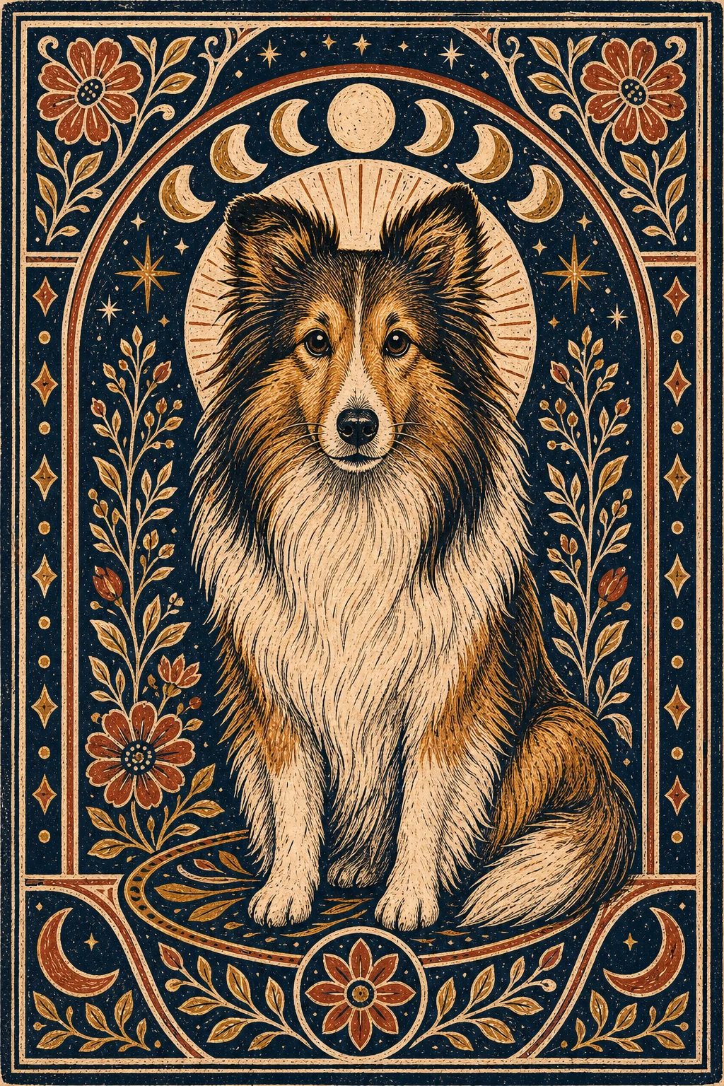 Skye the Sheltie — Folk Linocut pet portrait