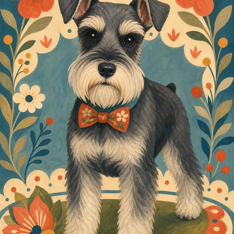 Miniature Schnauzer portrait — mid century gouache