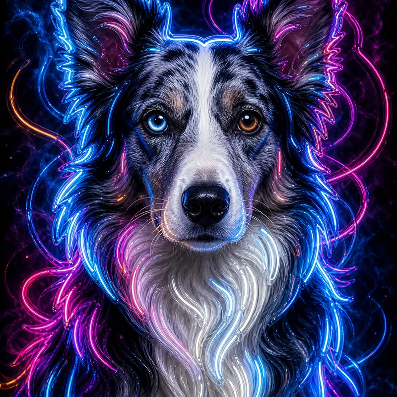 Border Collie portrait — neon sign portrait