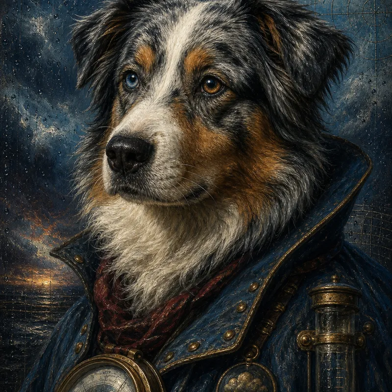 Australian Shepherd portrait — renaissance oil