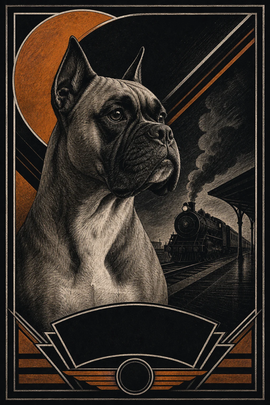 Bruno the Boxer — Scratchboard Noir pet portrait