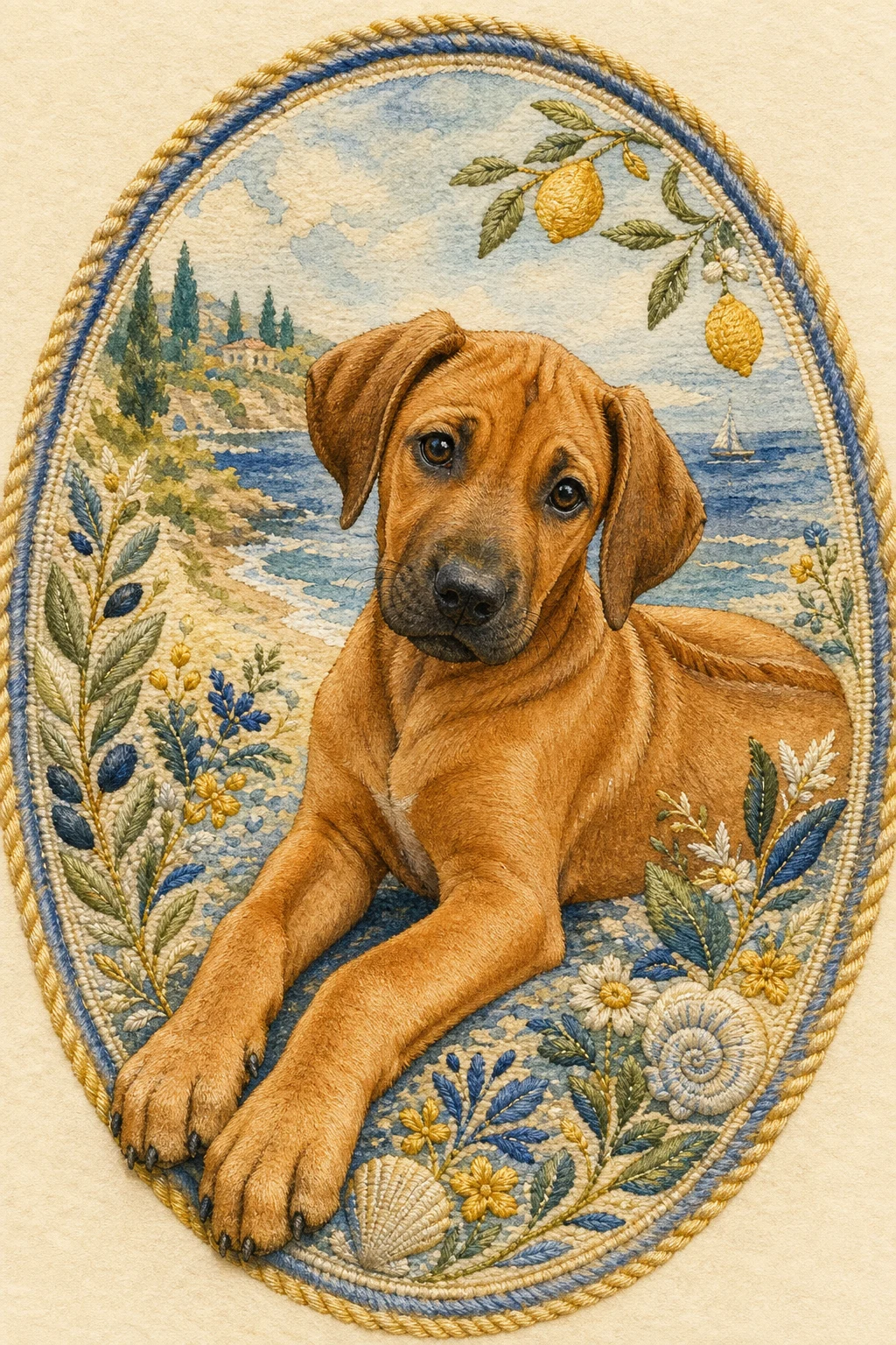 Koa the Rhodesian Ridgeback — Storybook Watercolour pet portrait