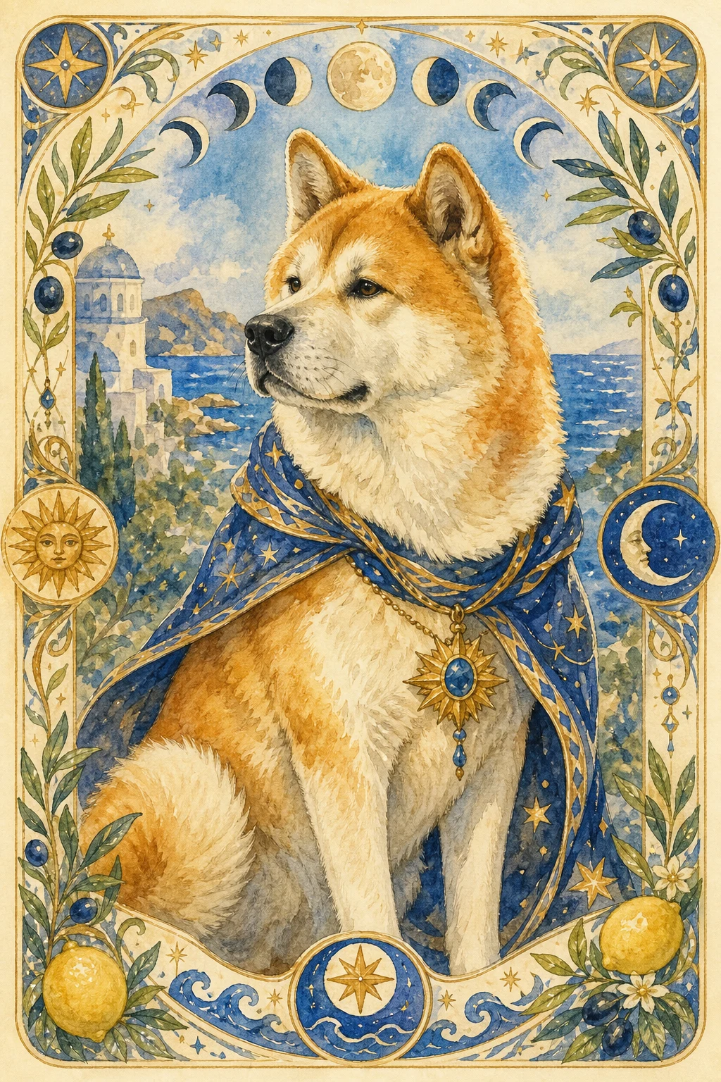 Kuma the Akita — Storybook Watercolour pet portrait