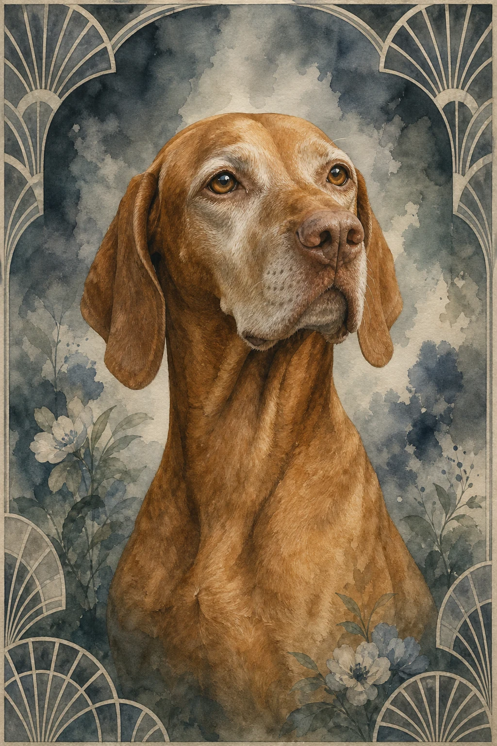 Etta the vizsla — Watercolour Floral pet portrait