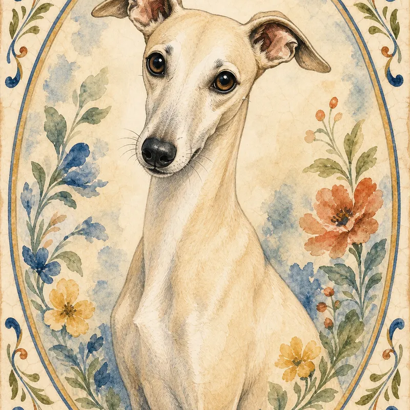 Whippet portrait — watercolour floral