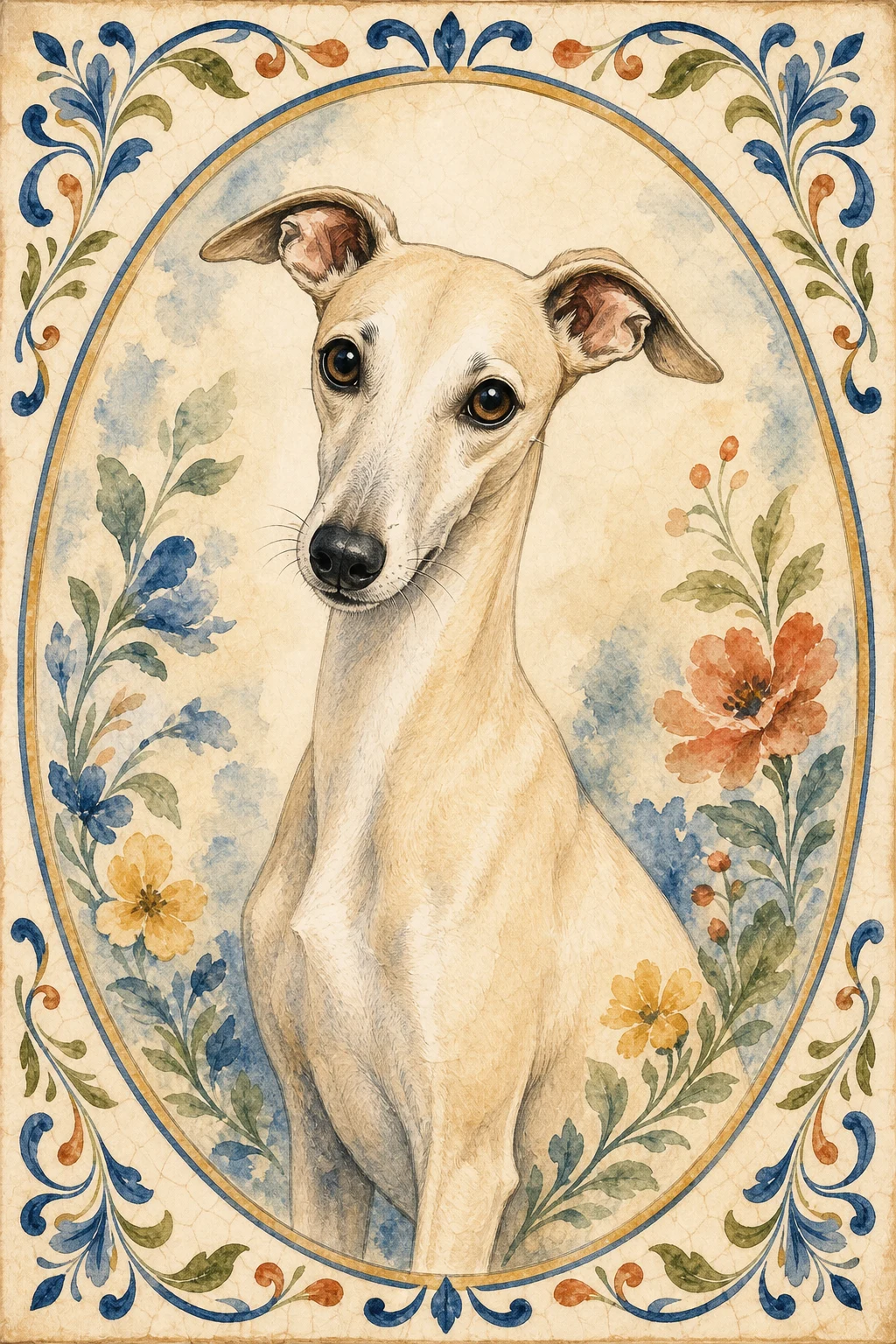 Pearl the Whippet — Watercolour Floral pet portrait