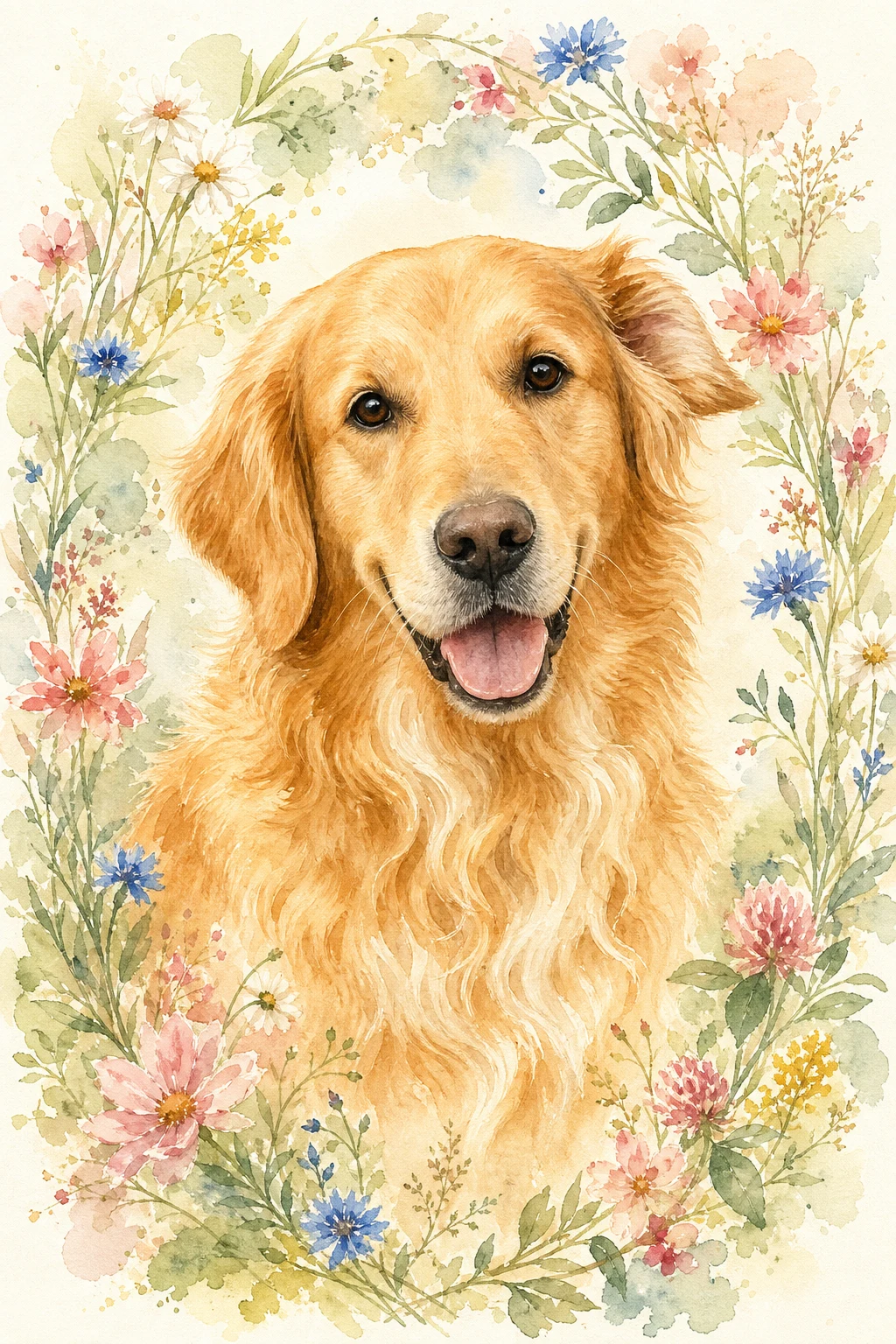 Clover the golden retriever — Watercolour Floral pet portrait