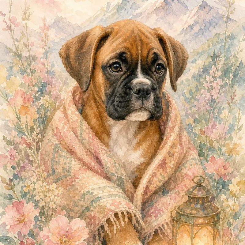 Boxer portrait — watercolour floral