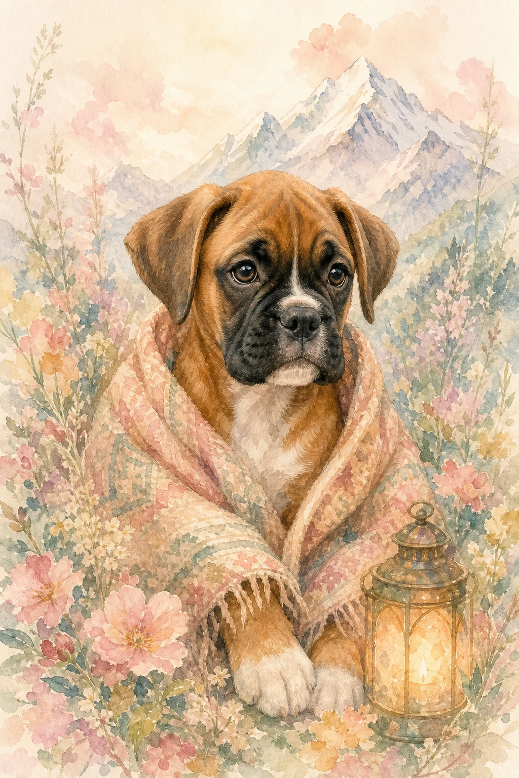 Benny the Boxer — Watercolour Floral pet portrait