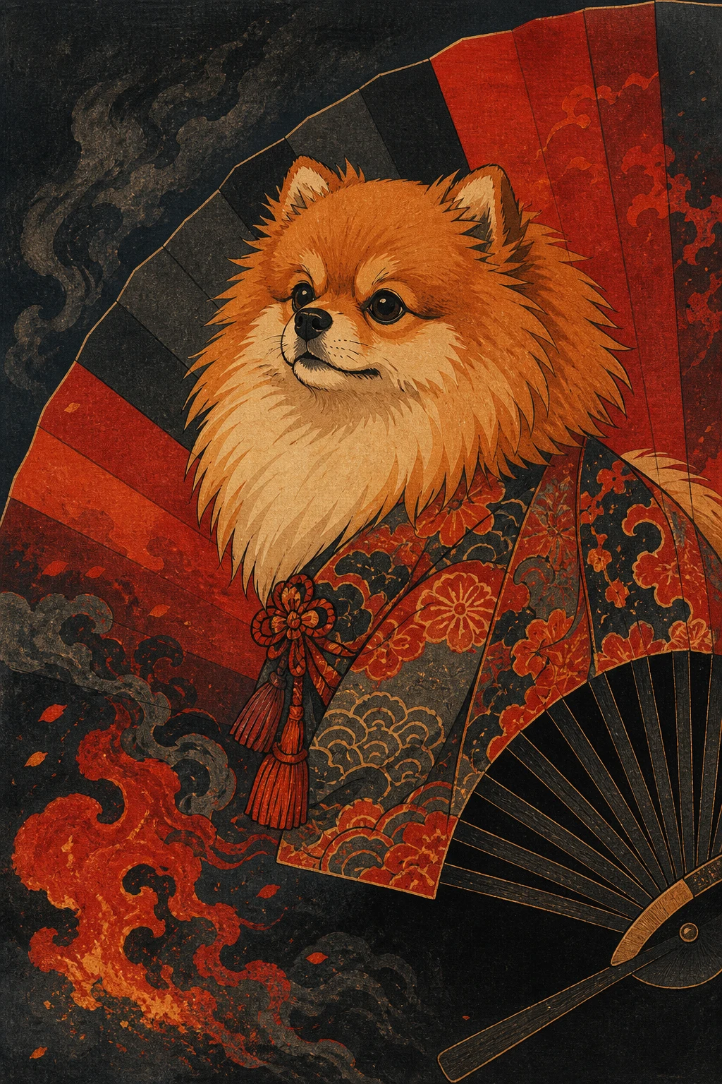 Taro the Pomeranian — Woodblock Flat Print pet portrait
